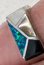 Sterling Silver 925 Men's Band Ring Inlaid Mother of Pearl, Black Onyx Size 8