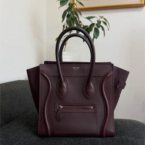 CELINE Leather Hand Bag Brown Brown Burgundy Luggage Zip Pocket Authentic Good