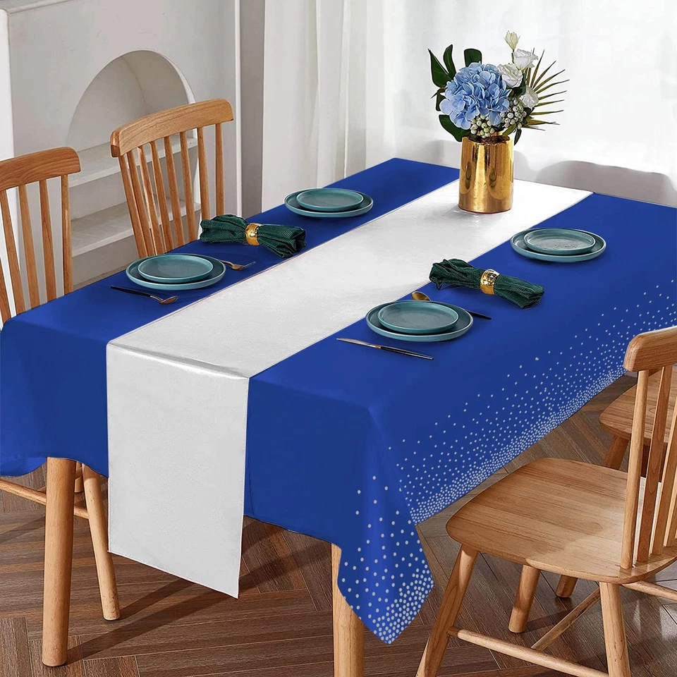 24Pack Disposable Plastic Tablecloths and Satin Table Runner Set Blue and Sil... - Image 4 of 4