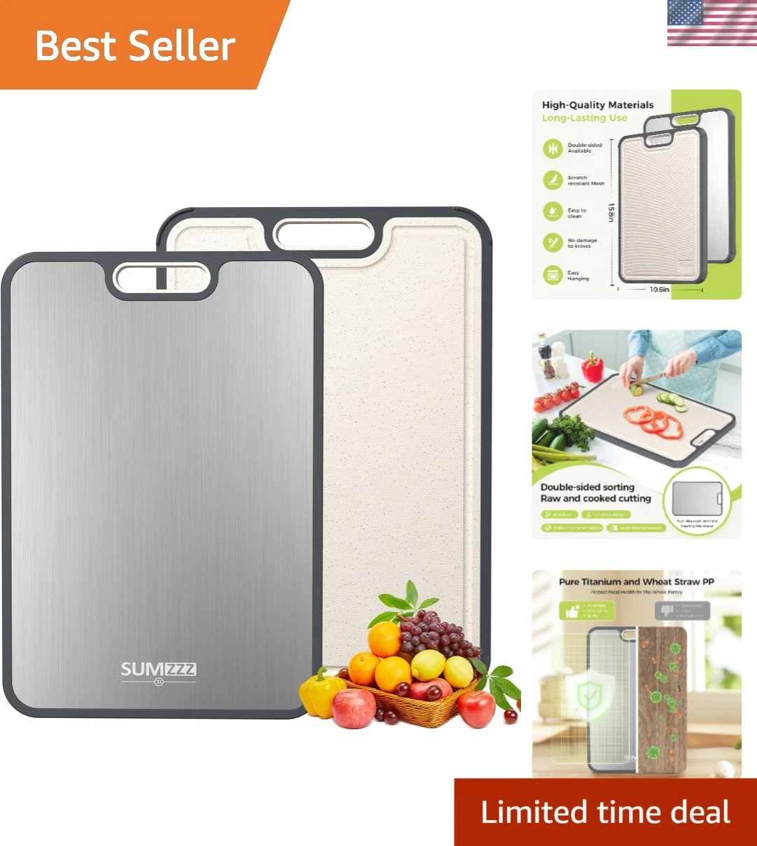 Double-Sided Titanium Cutting Board with Juice Groove - Large 16"x11"