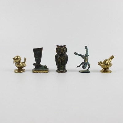 Messing Figuren Gluttöter radschlagender Junge Eule Stiefel Vogel Spatz Vintage