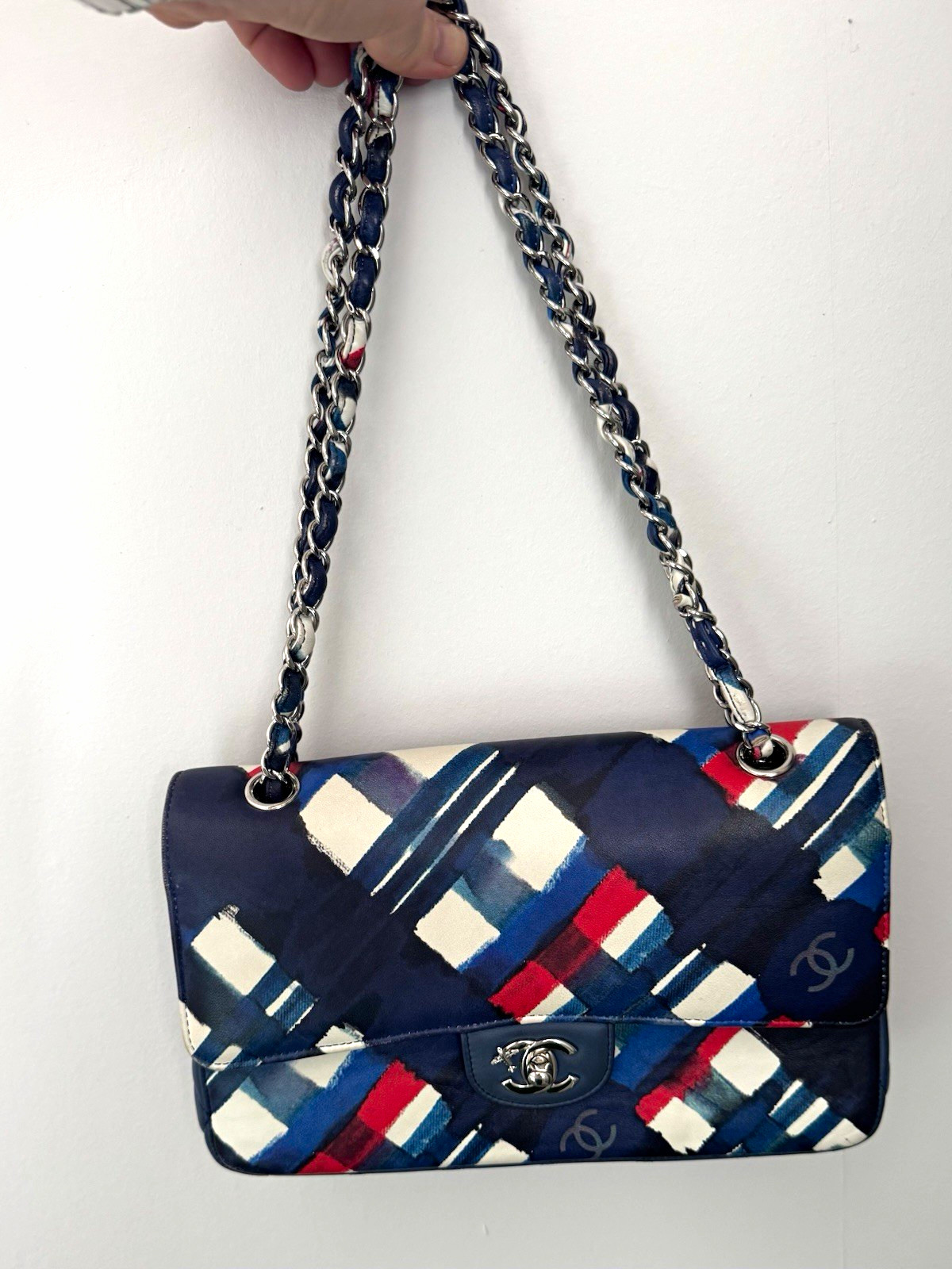 CHANEL Airplane collection, Classic Flap,Leather Shoulder Bag Abstract Navy Red