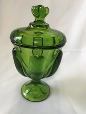 Viking Glass Green Candy Dish Jar Epic Six Petal Compote Lid Pedestal Vintage 8"
