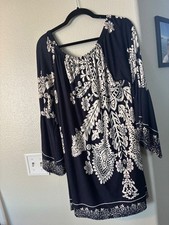 Boho Floral Bell Sleeve Mini Dress 3XL Navy and White
