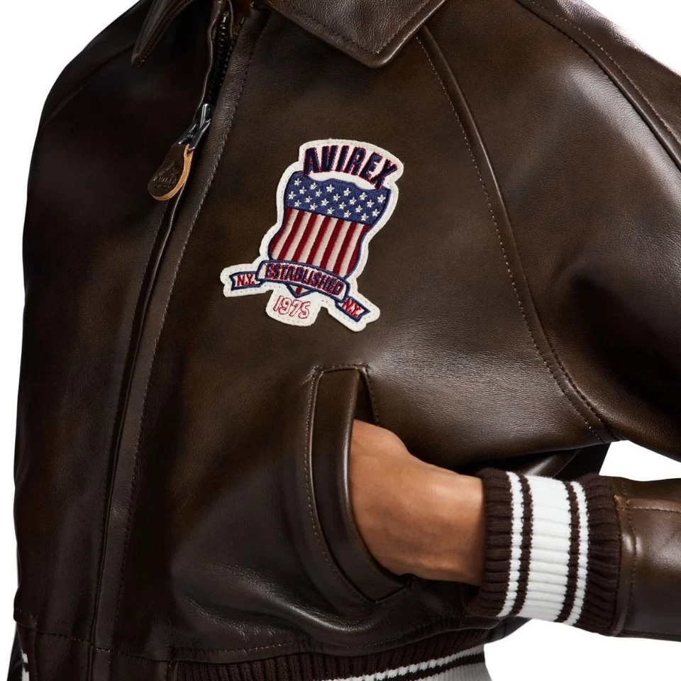 Jaqueta de couro Avirex feminina couro de vaca real bombardeiro clássico estilo de voo americano - Imagem 4 de 4