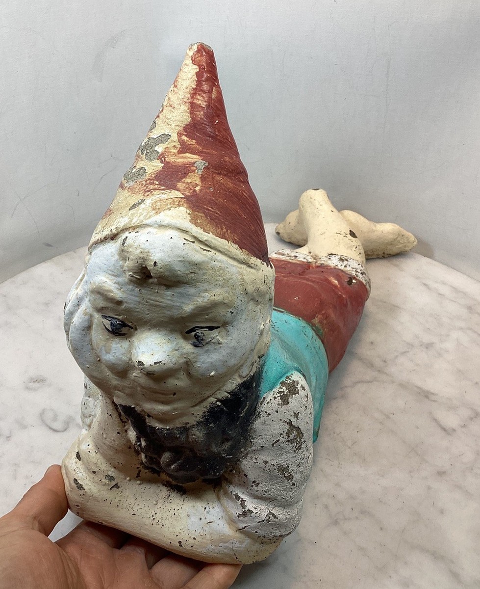 Antique Vintage Gnome Painted Concrete Stone Garden Heavy