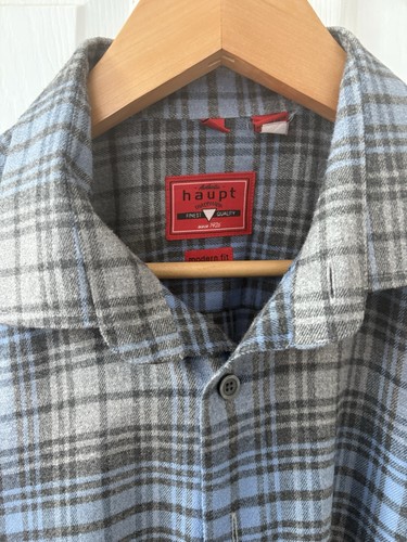 Haupt Germany Flannel Shirt Plaid Button Up L/S Modern Fit Gray Blue Large 41 42