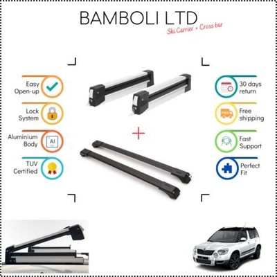 Bamboli 29.5'' Ski Carrier & Black Cross Bar Set For Skoda Yeti̇ 09-Up 4pcs