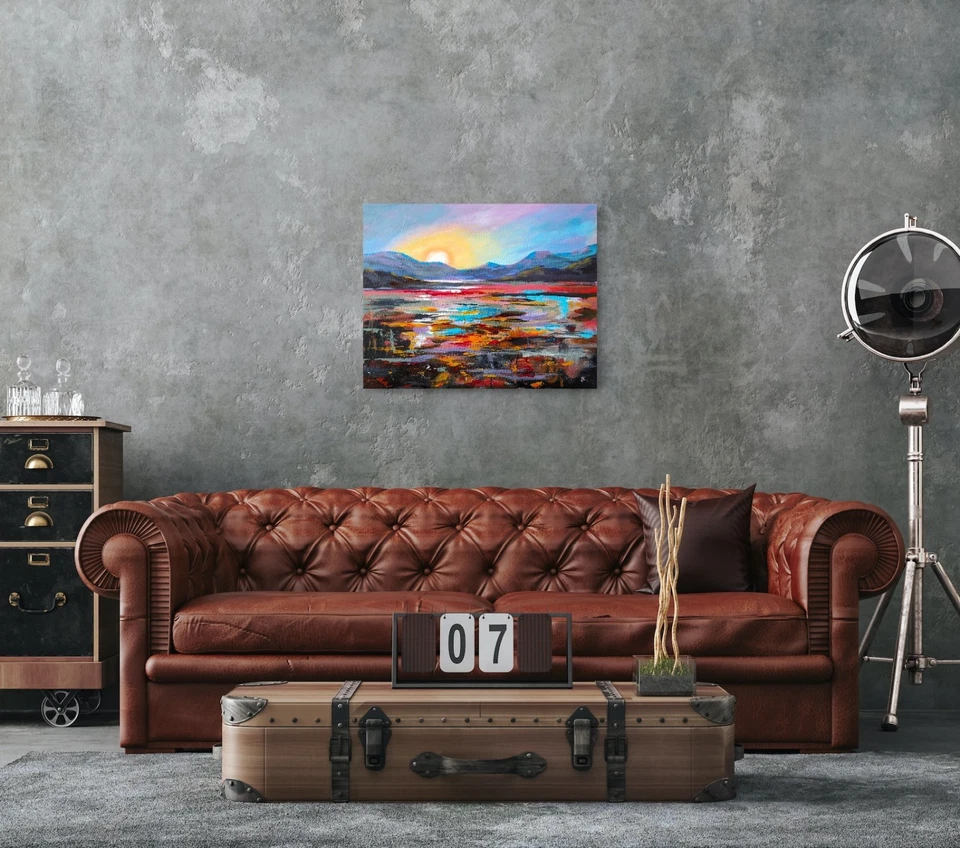 Original Painting On Canvas. Handmade Art. Acrylic. Mountain Water Landscape. - image 2 of 4