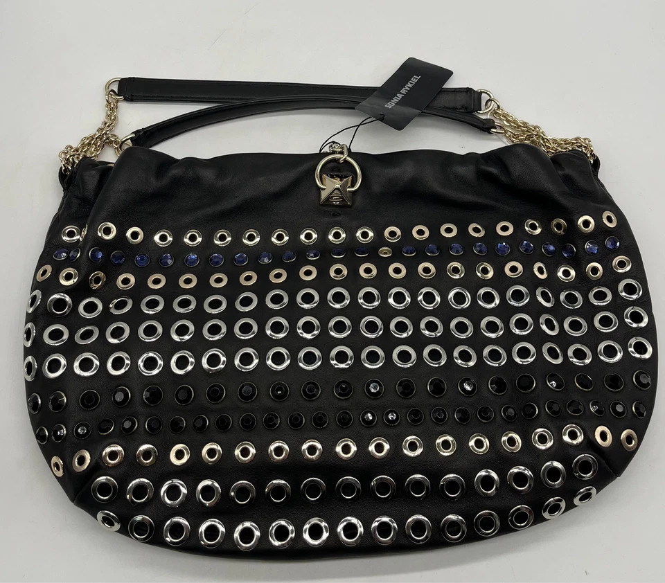 Bolsa Hobo Sonia Rykiel Couro Preto Ilhós Enfeitado Chainlink Domino NOVA - Imagem 2 de 4