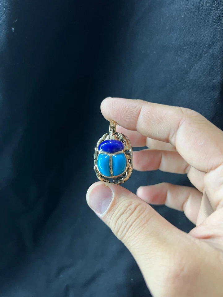 Egyptian Scarab Beetle Pendant Gold Enamel Amulet with Blue and Turquoise - Image 3 of 4