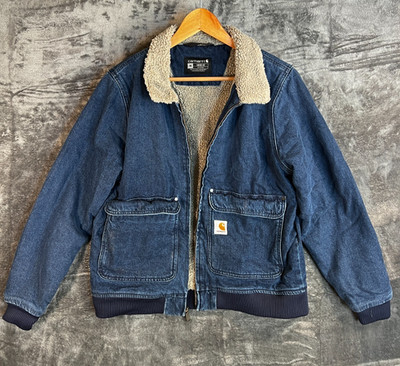 Carhartt Sherpa Lined Denim Jacket Medium Loose Fit Workwear Fleece Collar