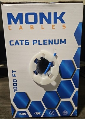 Monk Cables Cat6 Plenum Rated Bulk Ethernet Cable 1000ft Blue