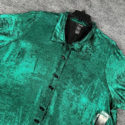 Ali Miles Shirt Top Blouse Womens 3X Green Shimmer 1/2 Sleeve Button Up New