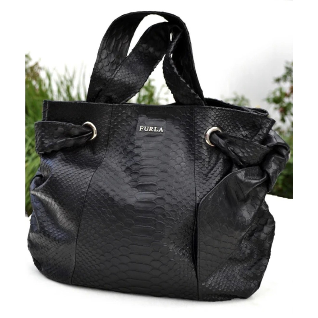 Furla Black Python Embossed Leather Side Bow Hobo… - image 2