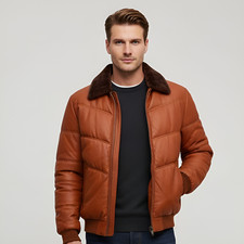 Giubbotto imbottito uomo vera pelle di agnello - cappotto invernale con collo in pelliccia