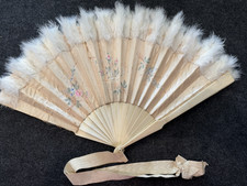 Antique Victorian Celluloid Silk Feathers Ribbon Hand Painted Fan