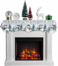 Christmas Mantel Scarf for Fireplace, Cute Snowman Snowflake Scene Winter Fir...