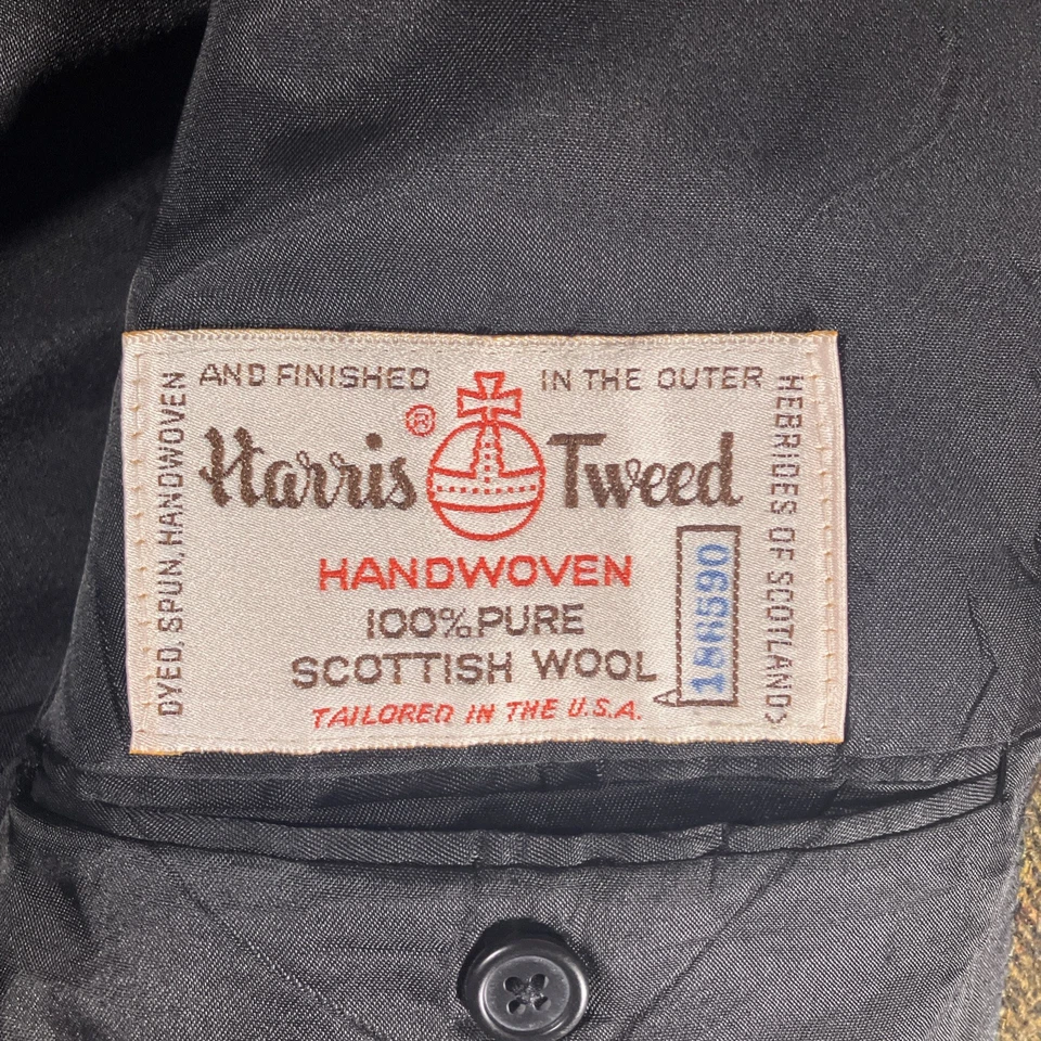 VTG Orvis Harris Tweed Scottish Wool Herringbone Blazer Mens 46 Suede Elbow Pads - Image 3 of 4