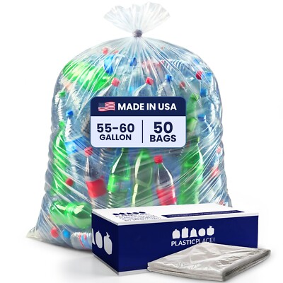 Plasticplace 55-60 Gallon Trash Bags, Clear, 2.0 Mil, 50 Count