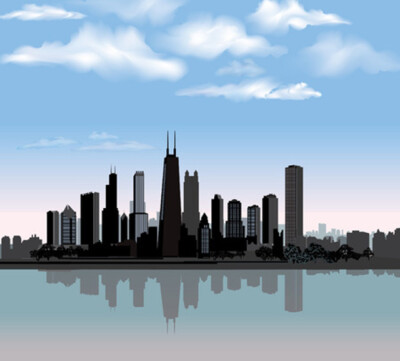 Wandbild: Chicago City Skyline detaillierte Silhouette mit Reflexion in [...]