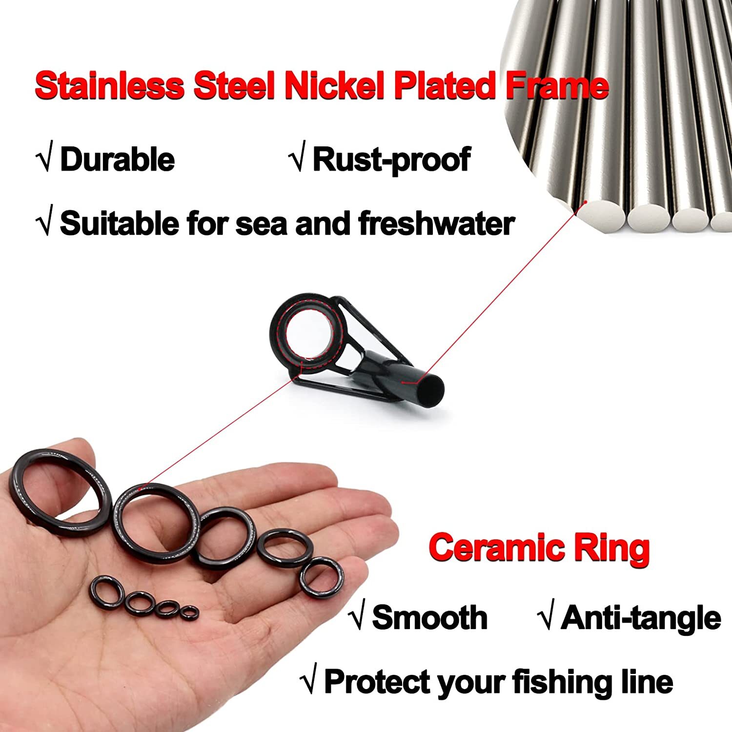 16pcs Rod Tip Repair Kit Rod Repair Kit Fishing Rod Tips Stainless Steel  Ceramic Ring Guide Rod Repair Replacement Top Tips 16 Sizes from Small to