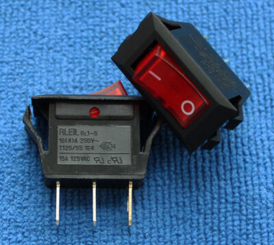 5pcs RLEIL RL1-5 Power On Off Rocker Switch 3 Pin 16A 250VAC T125/55 Red Button 