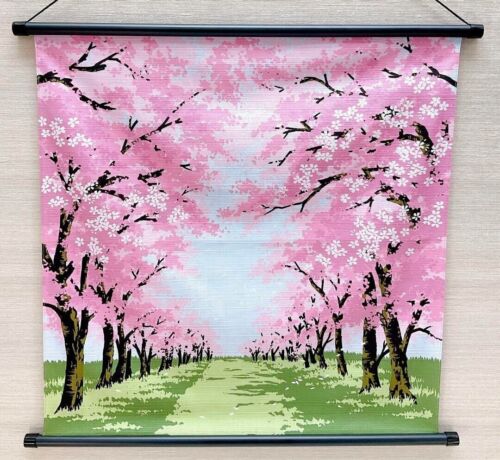 Japanese Tapestry Wall Hanging Row of cherry trees Cotton w/ stick w19.7" *54 - Picture 1 of 9