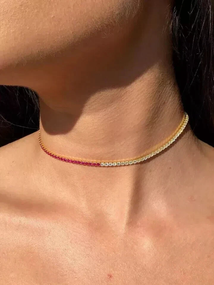 3MM Choker Tennis Necklace 14K Yellow Gold Plated 16" Round Lab Created Red Ruby - Image 3 of 4