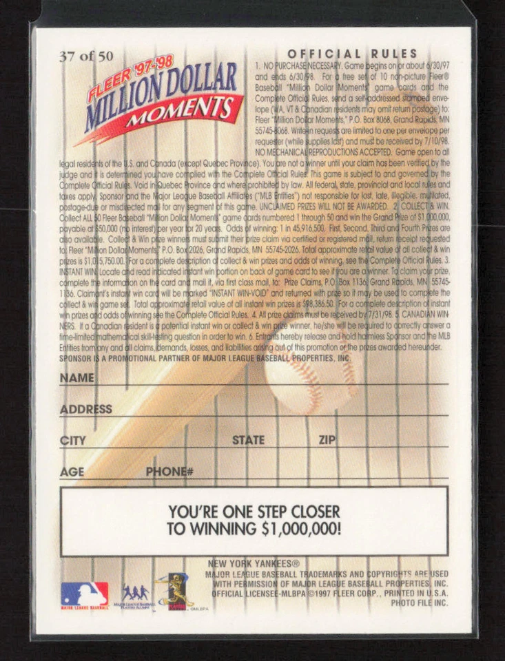 1997-98 Fleer Million Dollar Moments #37 Chris Chambliss New York Yankees - Image 2 of 2