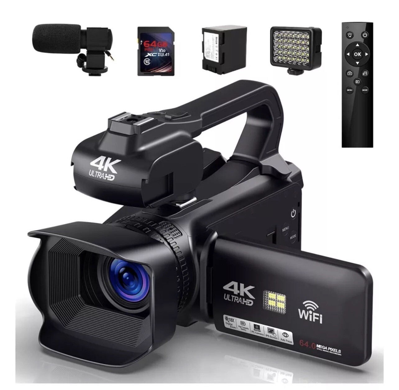 Camcorder 4K Video Camera 64MP 60FPS,HD Auto Focus Vlogging 4.0