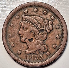 1855 Braided Hair Large Cent - Upright 5's - Divot on Neck