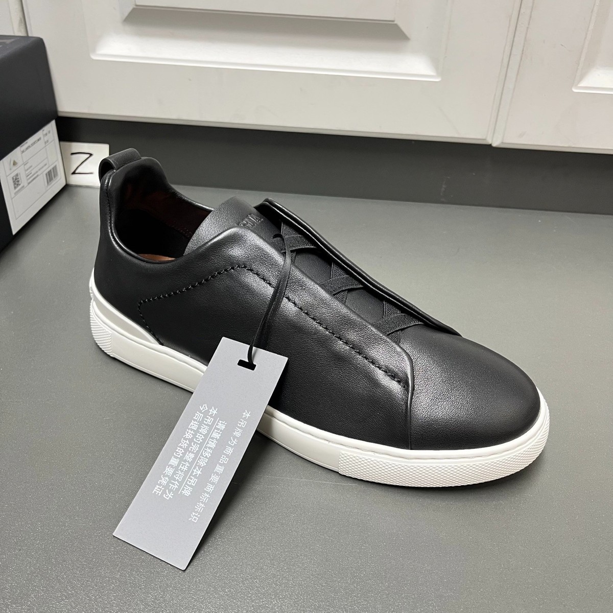 Zegna Triple Stitch Black Leather Sneakers Men's Luxury Low Top