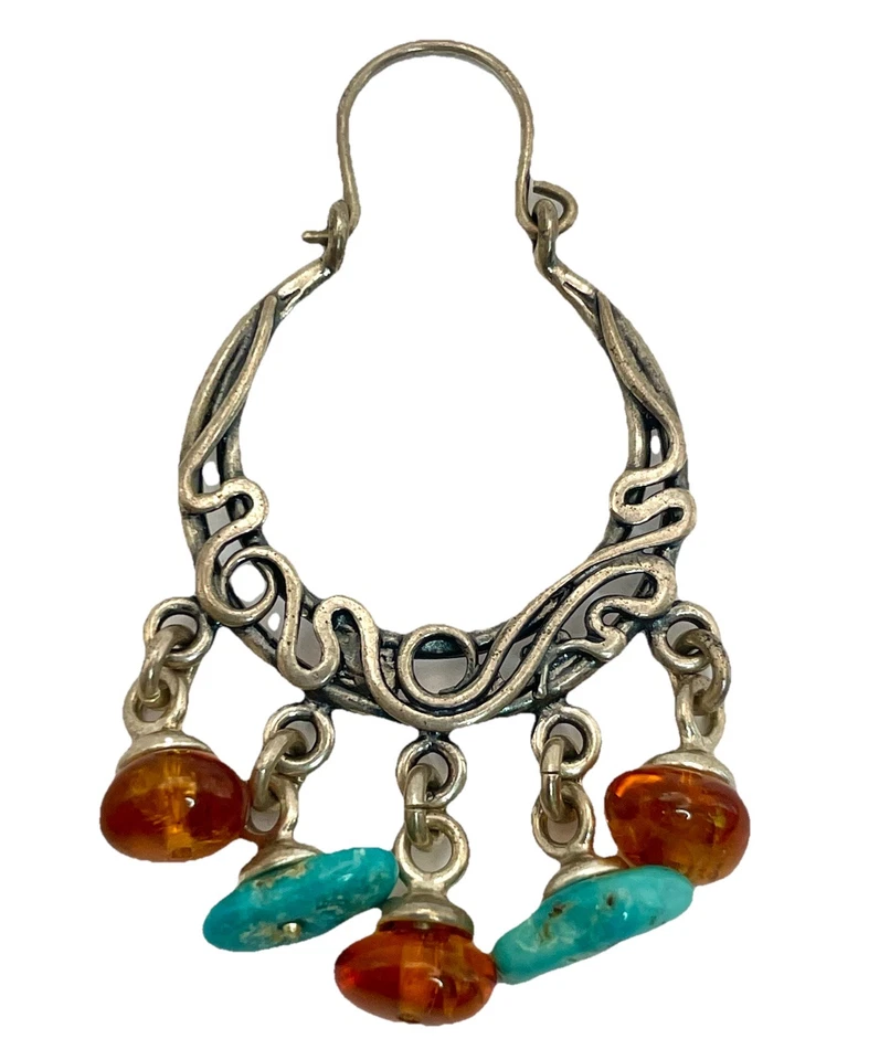 纯银环状耳环绿松石和琥珀悬垂宝石 11.24 克旋转 — 第 4/4 张图片