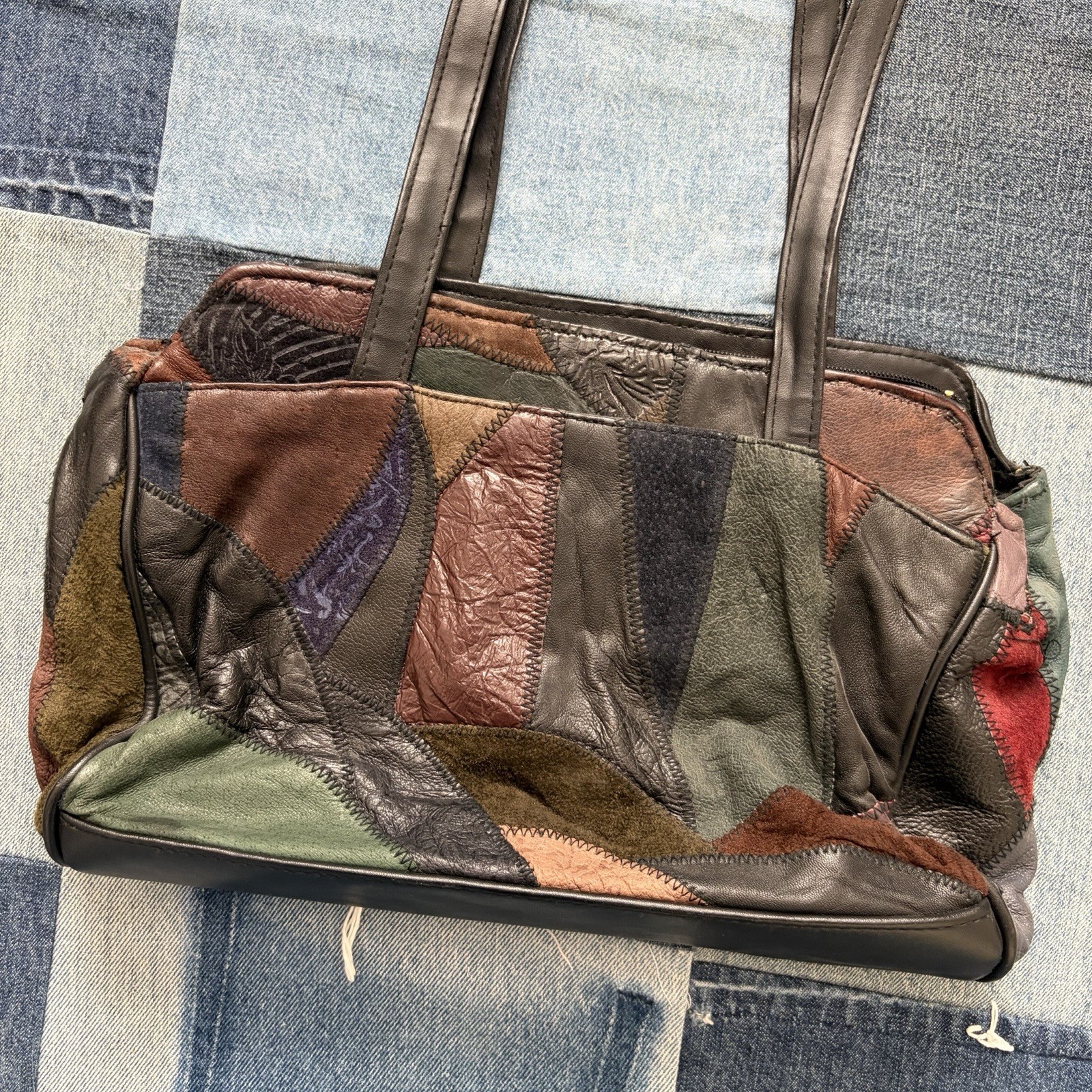 patchwork leather vintage shoulder bag jewel tone… - image 4