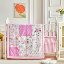 Patchwork Rainbow Plaid Floral Design 3 Pieces Crib Bedding Set Rainbow-pink