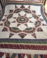 Handmade Lone Star Quilt Floral Burgundy Green 84x86 Patchwork Quilt Bedspread