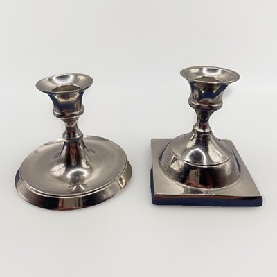 Set of 2 Polished Silver Tone Small Taper Candlestick Holders 2  Square & Round