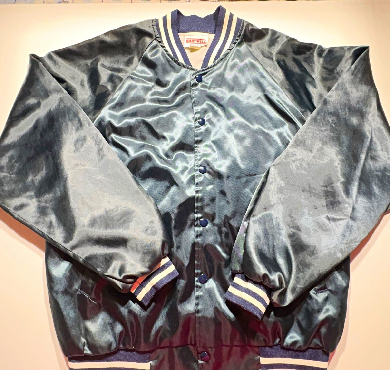 Vintage 1980s Hartwell Satin Bomber Jacket Blue USA Made Varsity XL 42-44 - product detail image 1