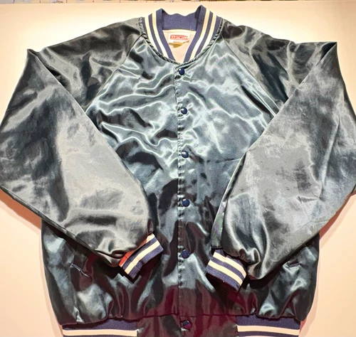 Vintage 1980s Hartwell Satin Bomber Jacket Blue USA Made Varsity XL 42-44 - product listing photo