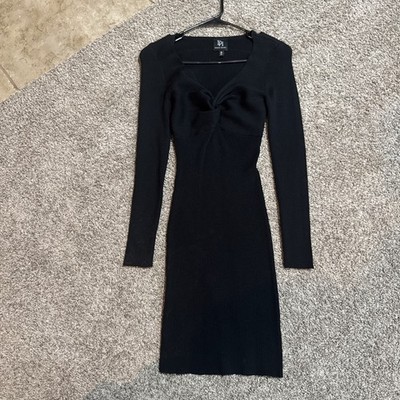 Derek Heart Black Ribbed Knit Twist Front Bodycon Midi Dress M Long Sleeve