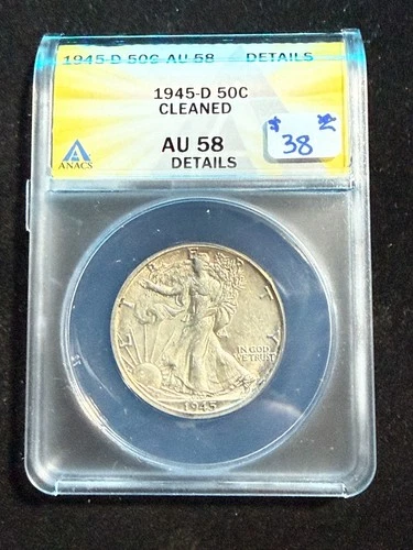 1945 D WALKING LIBERTY HALF DOLLAR ANACS AU 58 DETAILS CLEANED