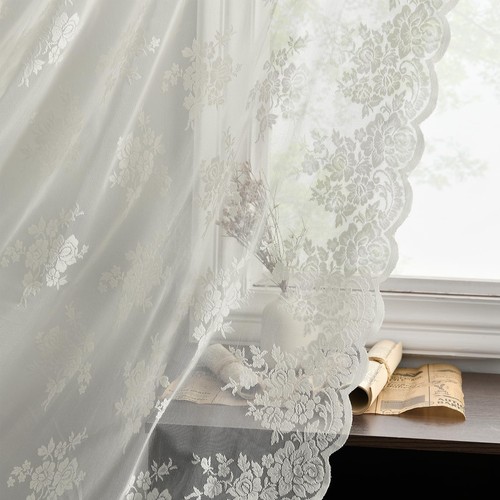 Ivory Lace Curtains 36 Inch Length 2 Panels, Country Rustic Floral Lace Curta...