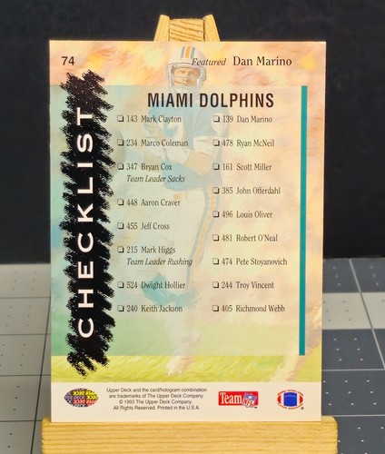 Carta Calcio 1993 Upper Deck #74 Dan Marino Miami Dolphins Checklist - Foto 2 di 5