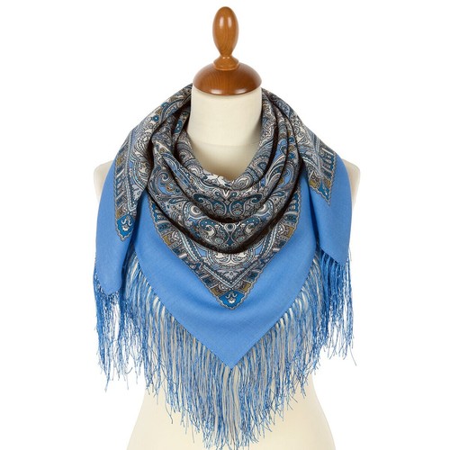 Russian Gold Blue Pavlovo Posad Wool Shawl with Silk Fringe 35x35 Русский Платок - Picture 2 of 2