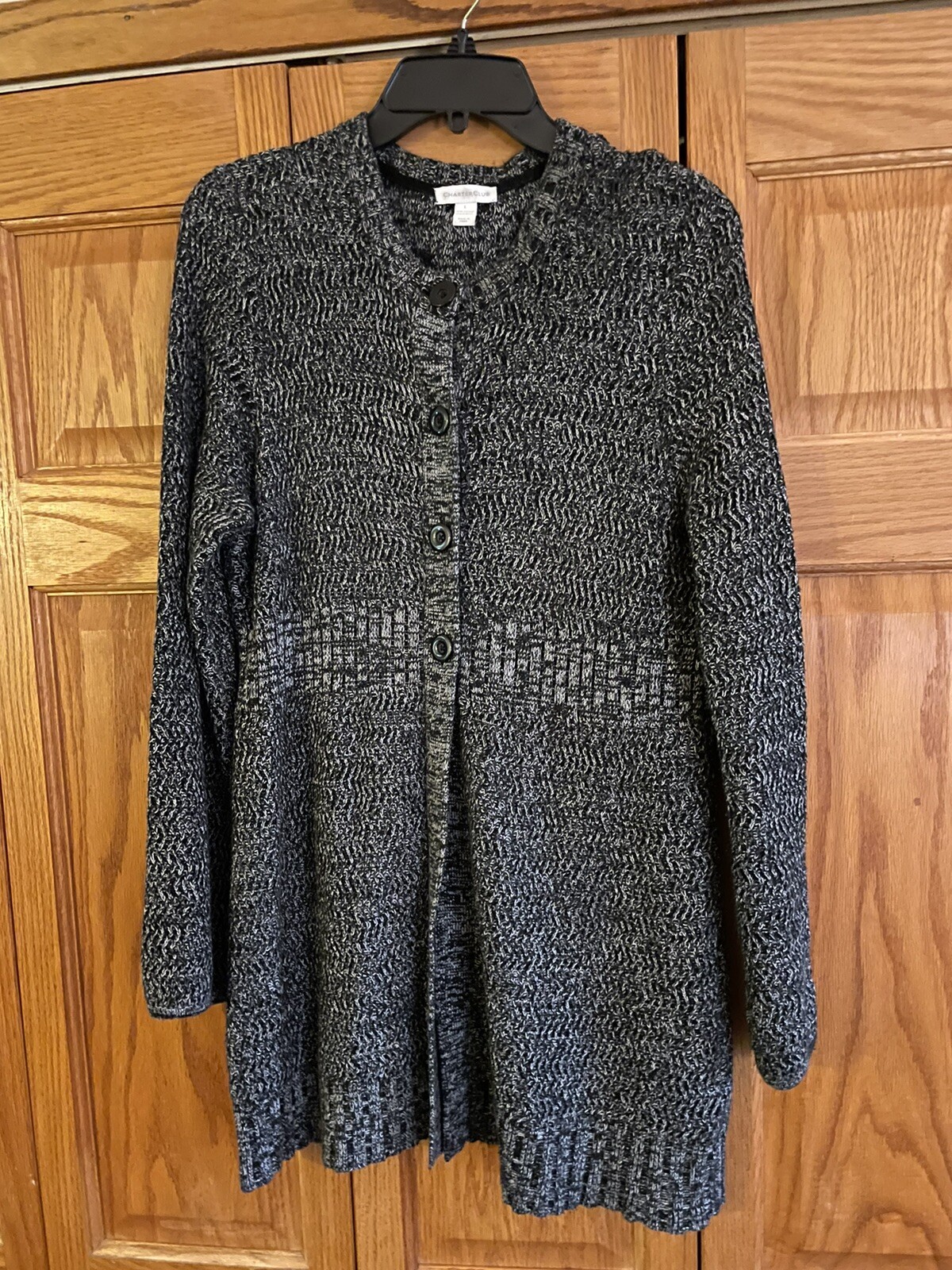 Charter Club Women Black Marble Cotton Blend Button Sweater Size L