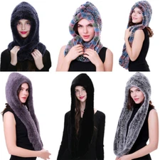Women Real Rex Rabbit Fur Hat Scarf One-Pieces Winter Warm Earmuffs Snow Cap