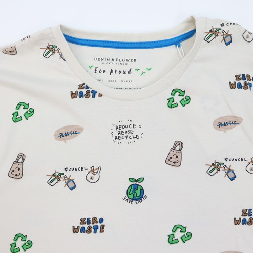 Denim & Flower Recycle Theme T-Shirt Men's Large Ricky Singh Eco Proud NWT NEW - Picture 3 of 6