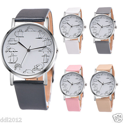 Retro Fashion Men's Women's Cartoon Cat Pattern Leather Band Quartz Wrist Watch