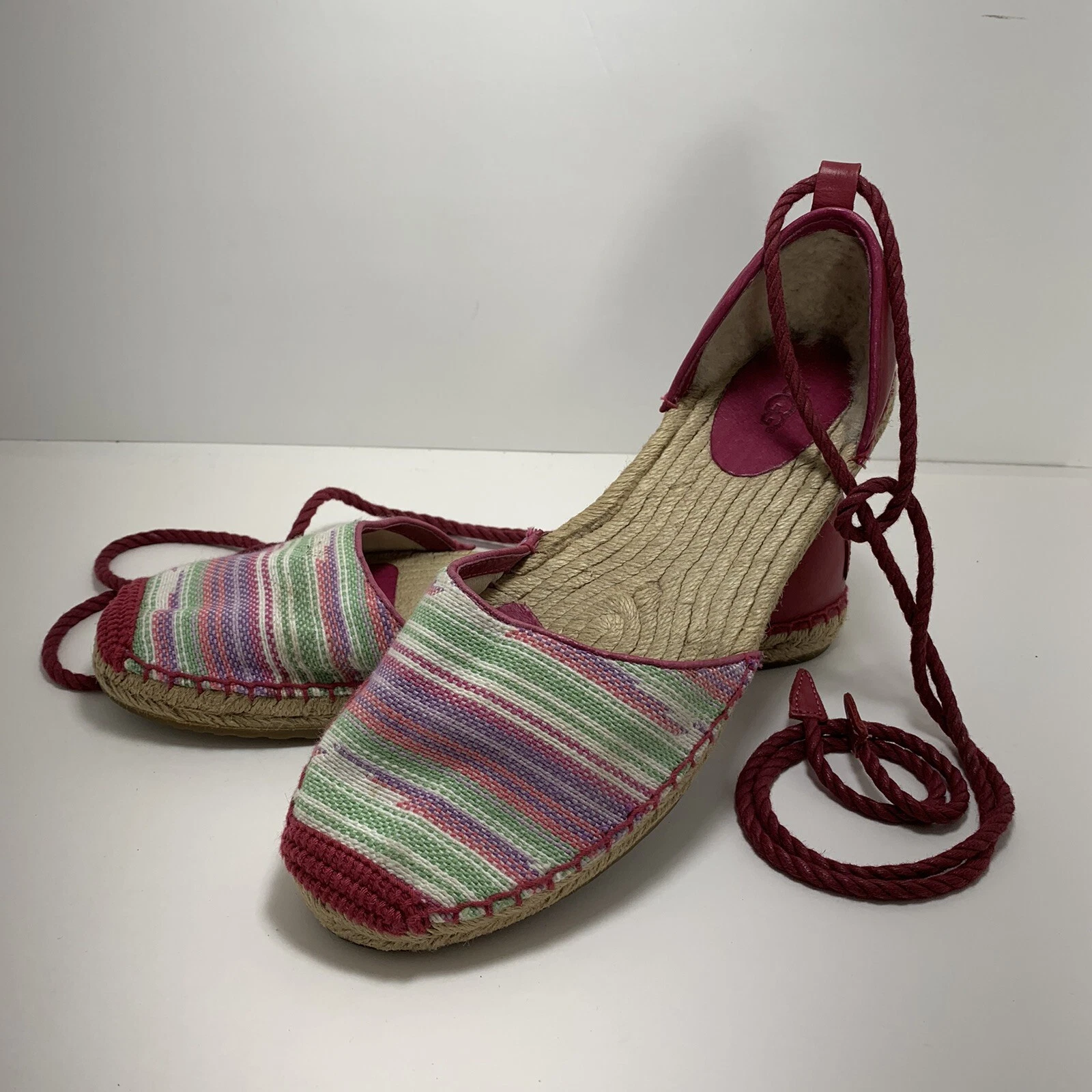 UGG AUSTRALIA LIBBI Sarape Flat Espadrillas sandalo donna taglia 10 alla caviglia pizzo cravatta